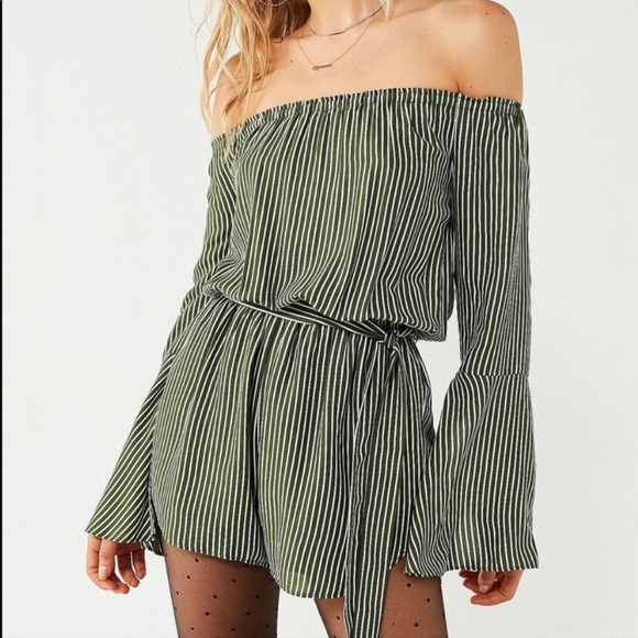 ❌SOLD UO Green/White Stripe Off the Shoulder Romper - Picture 1 of 7